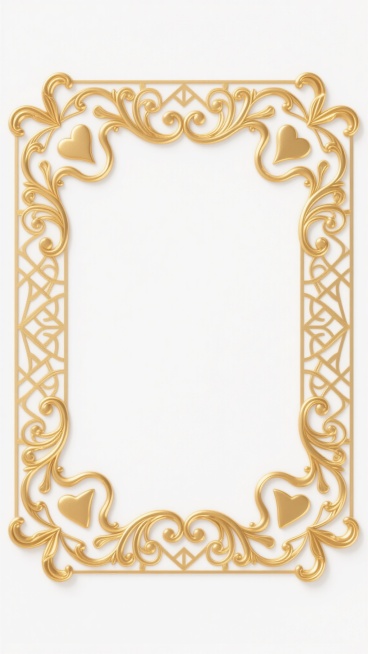 金色复古华丽边框，四角有对称的卷草纹和心形装饰图案，边框线条由连续的曲线和几何纹样构成，整体呈现出优雅精致的古典风格，具有强烈的高级感和装饰性，背景为纯白色，边框图案细节丰富，线条流畅细腻，金色色调明亮且富有光泽感。预览效果