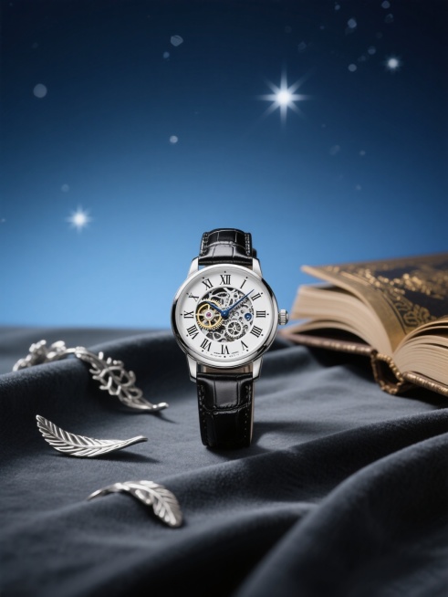 一张精致的银白色机械腕表，表盘上有罗马数字时标和复杂的齿轮镂空设计，搭配黑色鳄鱼皮表带，放置在一块深灰色的丝绒衬布上。背景是柔和的蓝色渐变，点缀着几颗闪亮的星星和细腻的光晕，营造出神秘而优雅的夜空氛围。腕表的右侧有一本翻开的复古烫金封面书籍，书页边缘微微卷起，左侧散落着几片精致的银色金属装饰叶片，整体画面采用柔和的侧光照明，突出腕表的金属质感和细腻纹理，色调以银白、深蓝和黑色为主，呈现出高端奢……预览效果