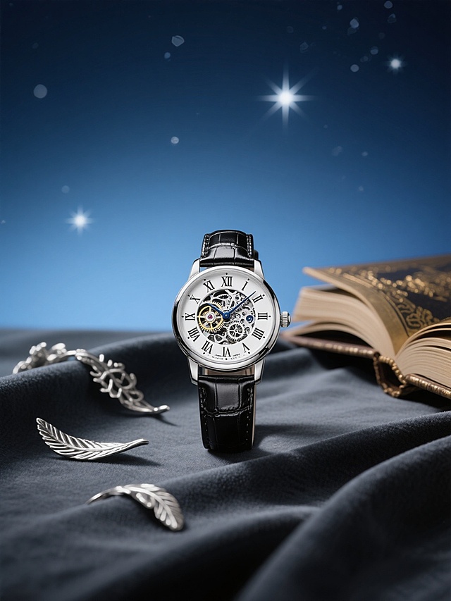 一张精致的银白色机械腕表，表盘上有罗马数字时标和复杂的齿轮镂空设计，搭配黑色鳄鱼皮表带，放置在一块深灰色的丝绒衬布上。背景是柔和的蓝色渐变，点缀着几颗闪亮的星星和细腻的光晕，营造出神秘而优雅的夜空氛围。腕表的右侧有一本翻开的复古烫金封面书籍，书页边缘微微卷起，左侧散落着几片精致的银色金属装饰叶片，整体画面采用柔和的侧光照明，突出腕表的金属质感和细腻纹理，色调以银白、深蓝和黑色为主，呈现出高端奢华的视觉效果，具有清晰的视觉层次和高效的信息传达，符合追求品质与格调的目标受众审美。