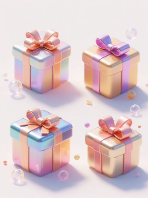 四个不同元素、不同样式、不同款式的赠品礼盒，3D立体风格，表面呈现光滑的渐变色彩效果，带有高光泽度的反光质感，每个礼盒都系有造型各异的立体蝴蝶结，周围点缀着少量透明光效圆环和可爱的装饰元素，整体光影柔和，高光与阴影过渡自然，所有礼盒在纯白色背景上呈整齐排列，营造出欢快、精致且充满节日氛围的视觉效果。预览效果