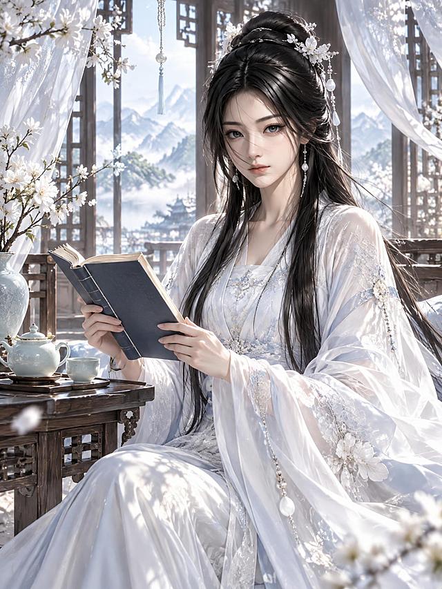 基于参考图中的女子进行古风仙子化重绘，保持她本人的辨识度：年轻鹅蛋脸、细长柳叶眉、大而明亮的眼眸、眼下小泪痣、高挺鼻梁、饱满嘴唇、乌黑长发，气质清冷出尘。将她绘制成清冷仙子的形象：身穿飘逸华丽的雪白长裙，衣料华贵、宽袖水袖、衣袂翩翩，青丝如云，梳着素雅高髻，点缀简约白玉珍珠发饰，两鬓垂落几缕碎发。她端坐在古色古香的阁楼里，手里拿着一本线装书册正在阅读，神态清冷专注；旁边桌上摆着精致的茶具。阁楼内有雕花木质窗棂、轻纱幔帐、窗外可见远山云霭，光线通透。整体画面颜色清亮（冷白、淡青、浅蓝为主），明亮干净，不灰暗不发黄，不要出现任何文字。