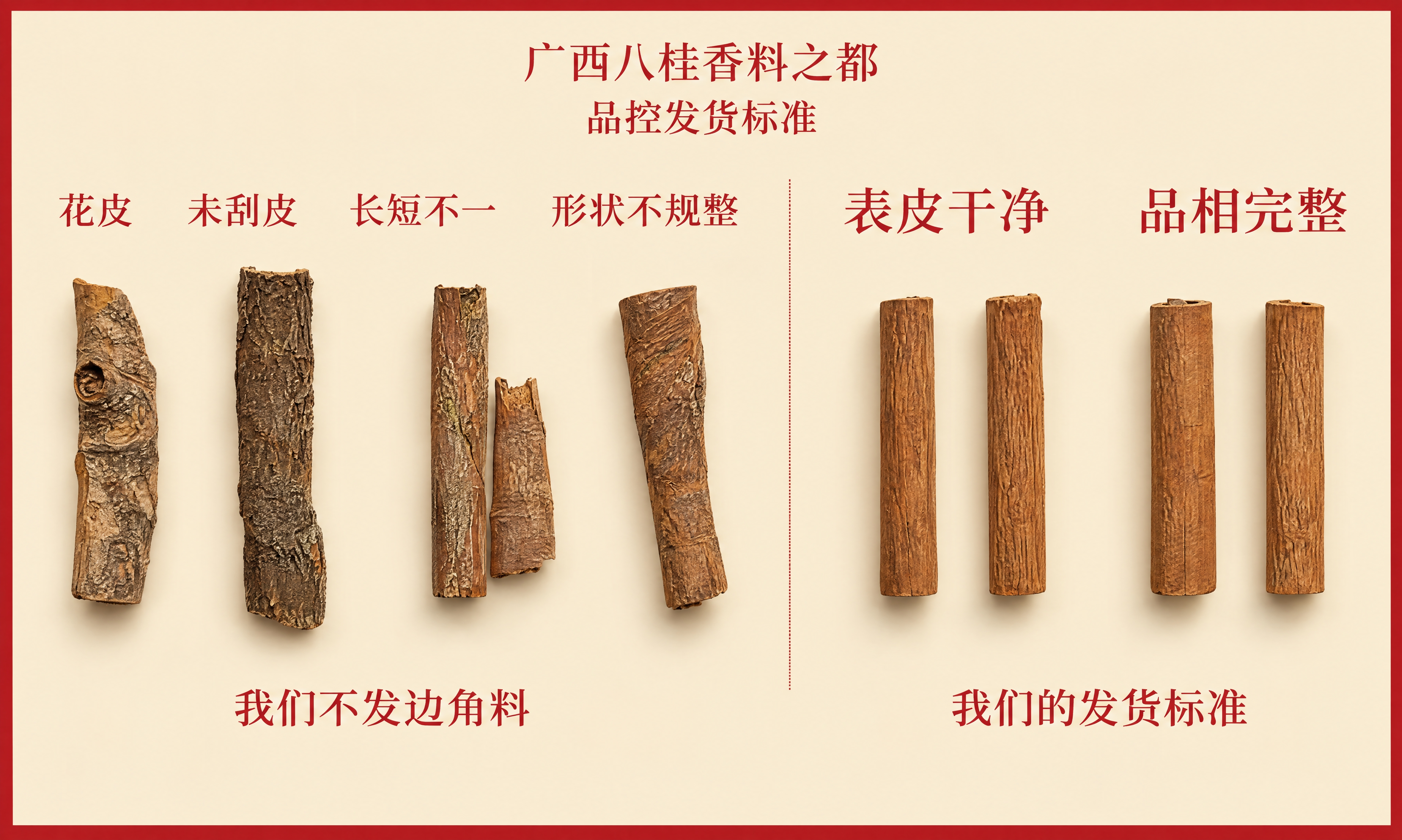 重新生成这张广西八桂香料之都品控发货标准对比图，重点增强肉桂（… - 图片创意预览