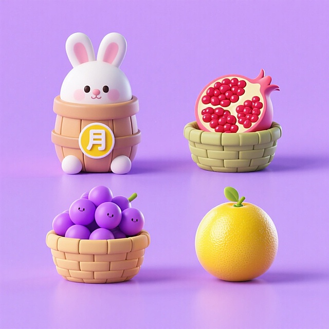软3D风格的可爱拟人水果与兔子，融合粘土质感与梦幻色彩，呈现清新卡通感，呼应秋天的节日氛围。