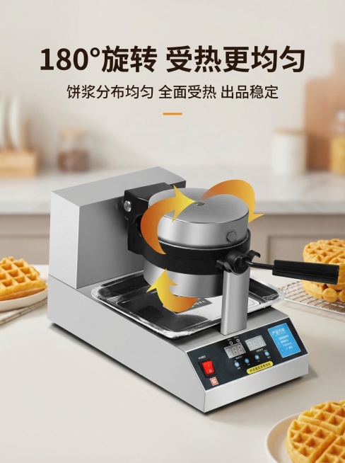 一张3:4商用旋转华夫炉180°旋转卖点图，温馨商用风格，浅暖灰色温馨餐厨背景，虚化点缀成品华夫饼烘托氛围，不抢主体。产品机器居中展示，保留180°旋转箭头示意，保持产品结构不变。主标题 "180°旋预览效果