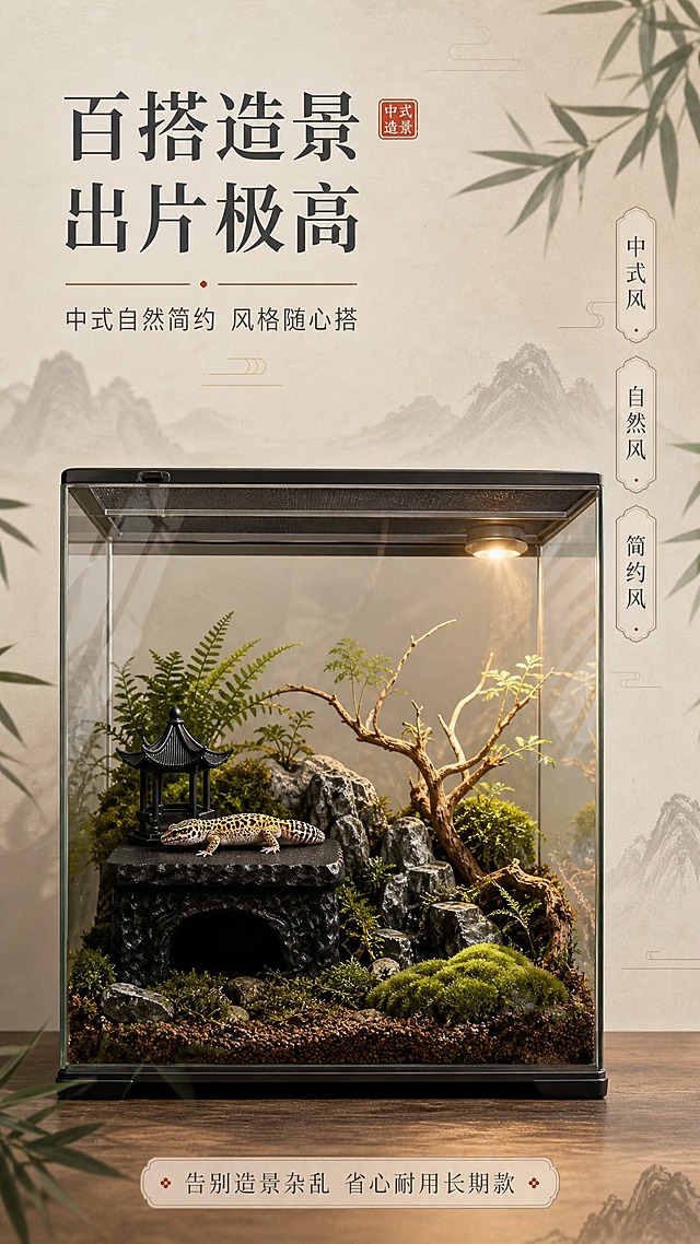 [商品] 使用【图1】玄黑墨隐亭产品；保留六角亭台、岩石晒台、下层躲避洞穴的完整结构，玄黑色磨砂岩石质感不变；亭子位于晒台左上角。
[画面] 造景场景展示页，目标展示百搭造景高出片率；画面展示一个精致的爬宠饲养缸内部全景，玄黑款墨隐亭放置在缸内左侧，周围布置有仿真苔藓、小型山石、枯树枝、蕨类植物，形成微缩中式山水园林景观；缸底铺有赤玉土与苔藓混合垫材，右上角有暖黄色晒灯投下柔和光斑；一只豹纹守宫安静地趴在亭台上层晒背；缸体玻璃有轻微反光，整体造景和谐美观；背景为浅米色墙面，缸外两侧有竹叶剪影点缀；产品与造景占画面约70%。
[视觉] 套系策略：风格=新中式东方美学高级商业摄影；标题字=宋体衬线粗体；正文字=简洁细黑体；主色=米白暖灰；背景延展=基于米白暖灰做宣纸纹理、淡墨山水、竹叶剪影、云纹装饰的深浅层级；强调色=赭石红（印章、点缀线）、墨绿（竹叶、青苔）；标题色=深炭灰；正文色=中灰色；组件=圆角浅米色卡片、细墨线引线、篆刻印章；光影=缸内暖黄色顶光，产品与造景光影自然融合，缸外柔和自然光。
[文字] 画面左上角主标题「百搭造景 出片极高」，宋体大字；主标题下方副标题「中式自然简约 风格随心搭」；右侧竖排三个小标签「中式风」「自然风」「简约风」；底部小字「告别造景杂乱 省心耐用长期款」；文字横排为主，不遮挡缸内主体。
[规格] 图片比例9:16竖版，2K分辨率；负向：禁止变形、错字、模糊、杂乱、水印、平台Logo、廉价塑料感、卡通风格、绝对化用语、守宫畸形。