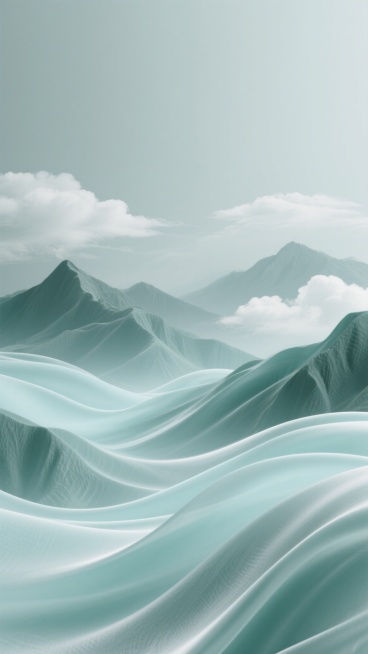 流动飘逸的丝绸质感背景，柔和的灰绿色与淡青色渐变色调，细腻的拉丝纹理与光影流动效果，融入连绵起伏的山脉轮廓与轻盈的云朵形态，整体呈现宁静自然的氛围，色调和谐统一，视觉层次分明，画面简洁而富有设计感。预览效果