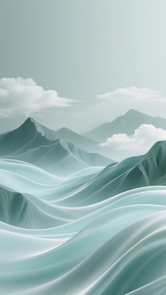 流动飘逸的丝绸质感背景，柔和的灰绿色与淡青色渐变色调，细腻的拉丝纹理与光影流动效果，融入连绵起伏的山脉轮廓与轻盈的云朵形态，整体呈现宁静自然的氛围，色调和谐统一，视觉层次分明，画面简洁而富有设计感。