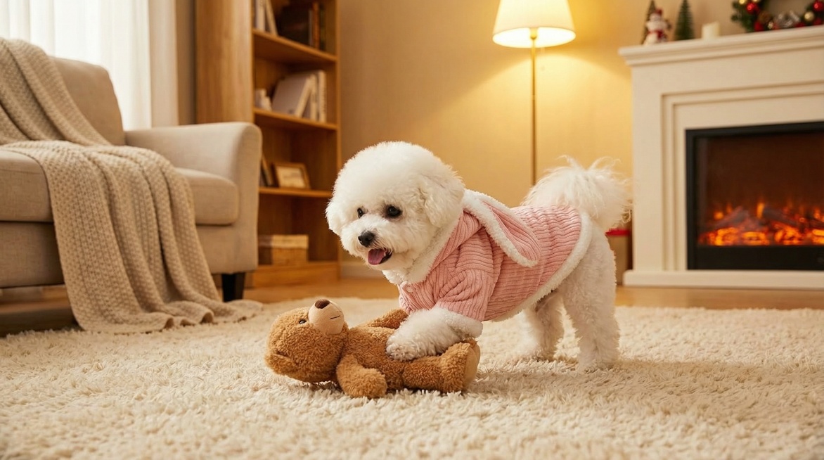 A fluffy white dog wearing the pink corduroy winter coat with bunny ears and white fur trim, playing预览效果
