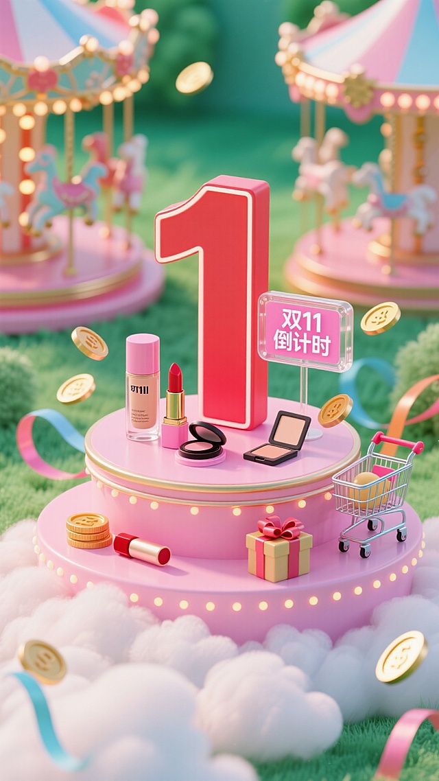 云朵上粉色双层展台，上面有巨大的红色数字 “1”，搭配透明小牌子上粉色小字“双11倒计时”；展台搭配粉底液、口红、眼影、购物车、礼盒，点缀金币、彩带、霓虹灯条，背景为旋转木马