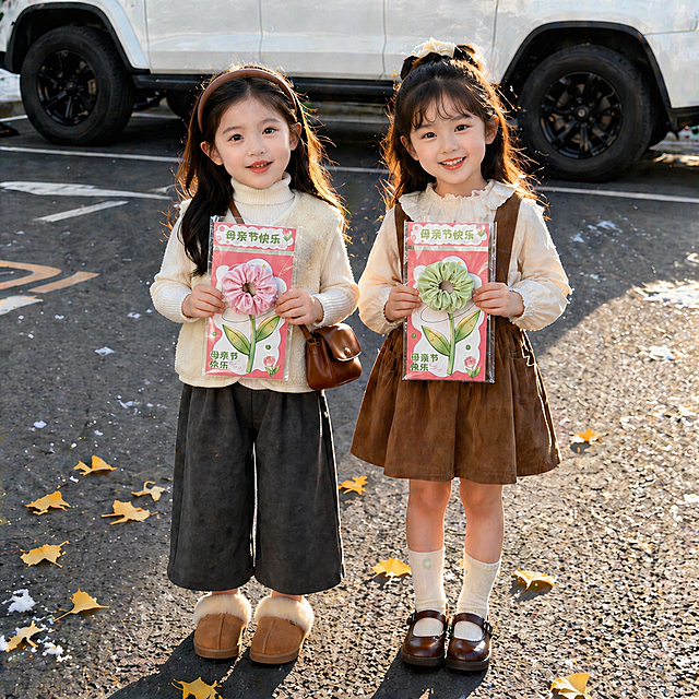 保留原画面所有内容：两个小女孩，场景，右侧小女孩礼物和左侧小女孩笑容都不变，仅修改左侧小女孩手中母亲节礼物里的发圈颜色，把发圈改为浅粉色，保持整体1:1比例和8K画质。
