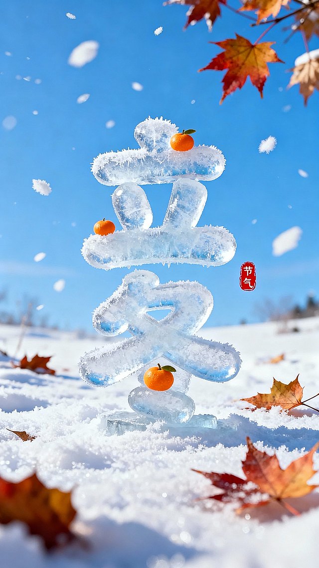 画面中央是冰霜圆润可爱字体形成”立冬” 二字，字体上可以有小小的橘子元素点缀。背景是一片晴朗的蓝天，画面中有白雪和枫叶。立冬字旁“红色小印章”节气“点缀，整体画面色彩明亮