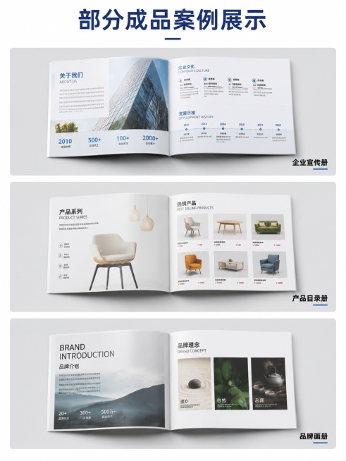 [第7屏] 成品案例展示，展示不同风格的画册成品效果。本屏参考【图1】打开画册展示方式。
[氛围/风格] 案例展示，多样美观，突出印刷质量和设计效果。
[元素布局] 采用三格拼图布局，从上到下展示三款预览效果