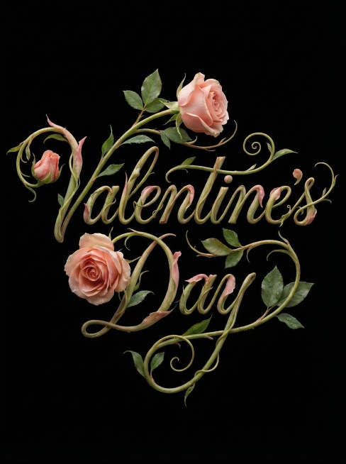 “Valentine's Day”字体设计，字体设计采用极度写实的生物拟态风格的流畅连笔花体艺术字，文字由娇嫩的玫瑰花枝自然生长扭曲而成（完全打破了传统笔画的限制，连接处自然流畅，花瓣边缘轻微卷曲，展预览效果