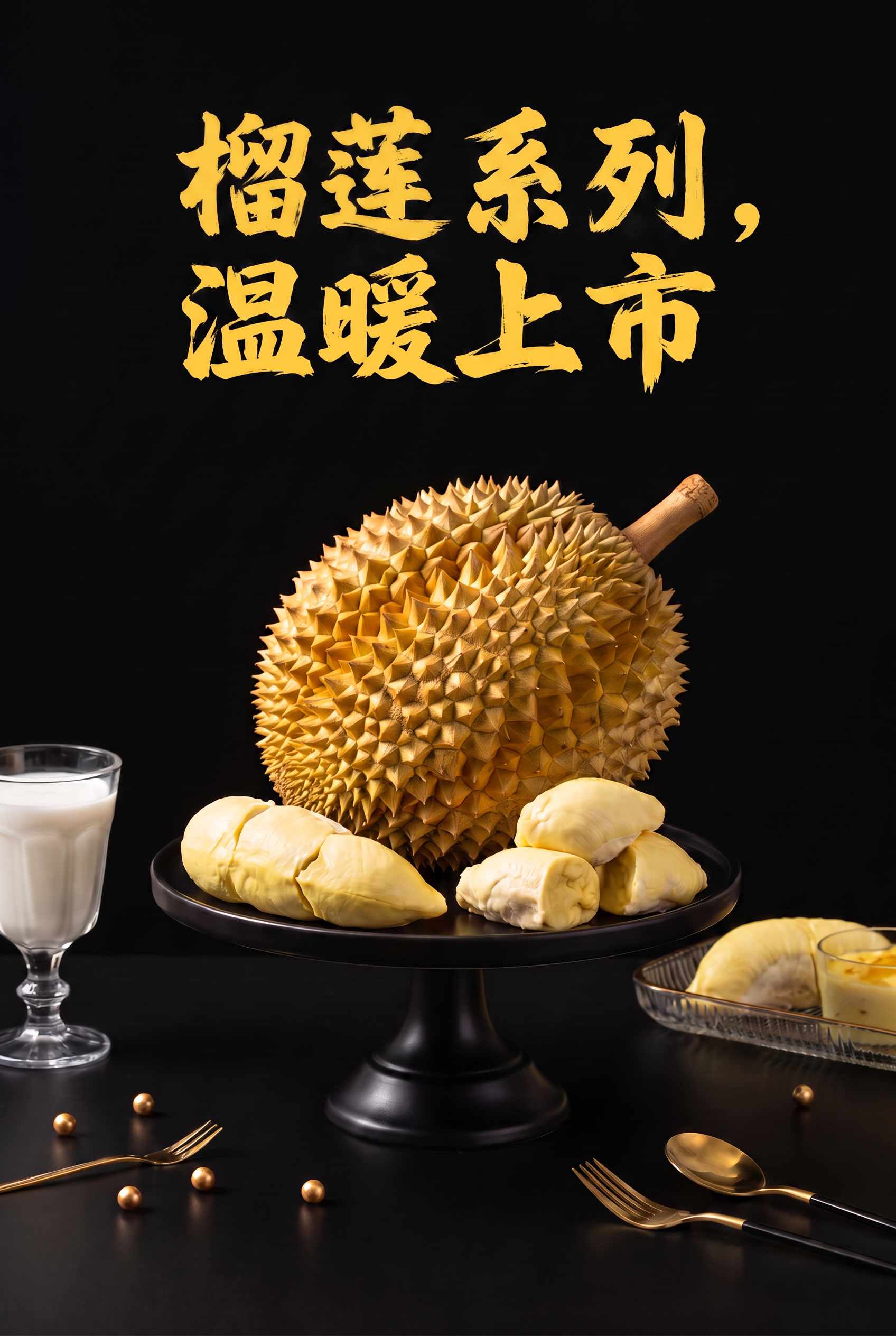 保持画面中榴莲产品、布景、光影、构图、毛笔字体风格、金黄色颜色… - 图片创意预览