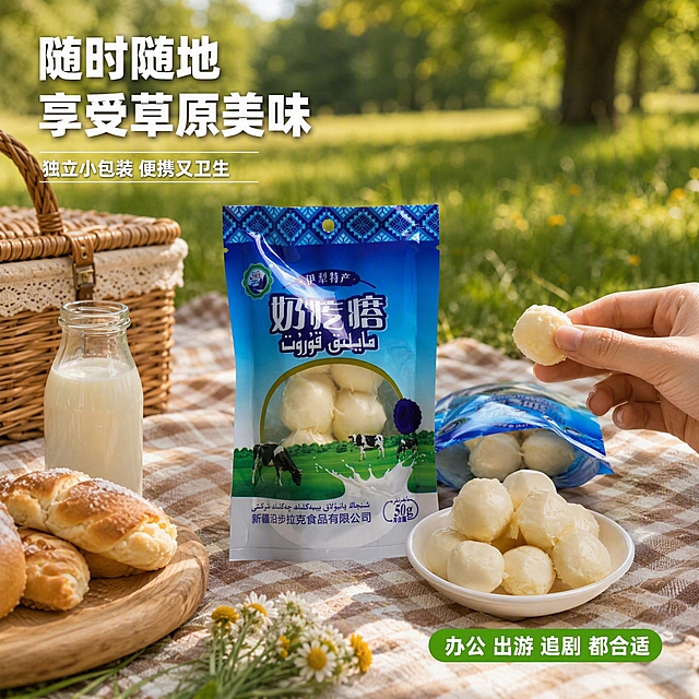 [主图-4] 奶疙瘩生活场景食用体验图
[氛围风格] 自然生活方式风 户外野餐场景 轻松惬意
[画质] 超高清生活摄影质感 自然光感 画面温暖有生活气息
[元素] 画面展示户外野餐场景，绿色草地上铺着格子野餐垫，野餐垫上摆放着奶疙瘩包装袋（保持产品外观与输入图1完全一致）、打开的包装袋露出里面的奶疙瘩、白色小碟中盛放几颗奶疙瘩（奶疙瘩与输入图2一致），旁边有鲜牛奶玻璃瓶、木盘装的小面包、几朵小野花、藤编篮子。一只手（仅露出手部局部，自然拿起一颗奶疙瘩正要食用），手部动作自然。背景是虚化的草原和树木，阳光透过树叶洒下斑驳光影。商品主体占比约50%。
[光影] 自然户外暖阳 斑驳树影 光线柔和温暖 产品有自然光照 整体温馨有生活感
[配色] 主色调草绿色+暖米色 辅助色奶白色 强调色阳光金黄
[视角构图] 45度俯视角度 野餐场景全景 中景深 手部动作为视觉引导 画面满屏无边框
[文字版式] 左上角主文案"随时随地 享受草原美味" 白色粗体字带浅阴影 下方小字"独立小包装 便携又卫生" 右下角绿色圆角标签"办公 出游 追剧 都合适" 白字 文字放在负空间 清晰可读不遮挡主体
[负向提示词] 多余的手 多余的手指 畸形手 融合手指 手部扭曲 肢体穿模 人物面部扭曲 变形 文字错乱 产品模糊 水印 电商平台Logo