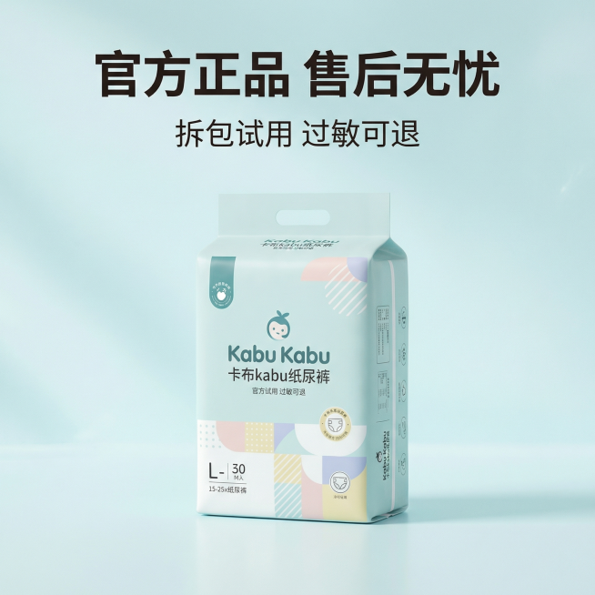 1:1竖版电商主图，极简浅青渐变背景，增加细腻浅纹理，柔和空间感，干净大气，风格统一。严格还原卡布kabu纸尿裤正装产品图，包括包装设计、颜色、LOGO位置、文字内容、图案元素所有细节，产品外观完全一预览效果