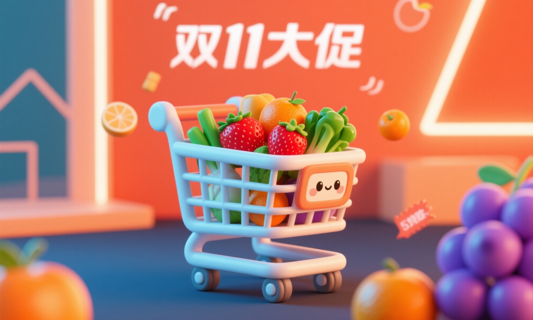 双11大促主题海报，以明亮的橘红色为主色调，充满年轻活力的风格。画面中央是一个可爱的3D购物车，购物车里装满了各种新鲜的生鲜商品，有鲜红的草莓、翠绿的蔬菜、橙色的橙子、紫色的葡萄等，色彩鲜艳诱人。背景预览效果