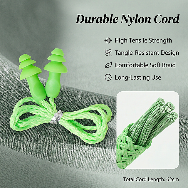 Keep the original green wired Christmas tree silicone earplugs completely unchanged, use slice effect design to show the braided nylon cord feature, the product does not get cut, non-white background, highlight English title "Durable Nylon Cord", add English product feature introduction, for cross-border e-commerce detail page single image.