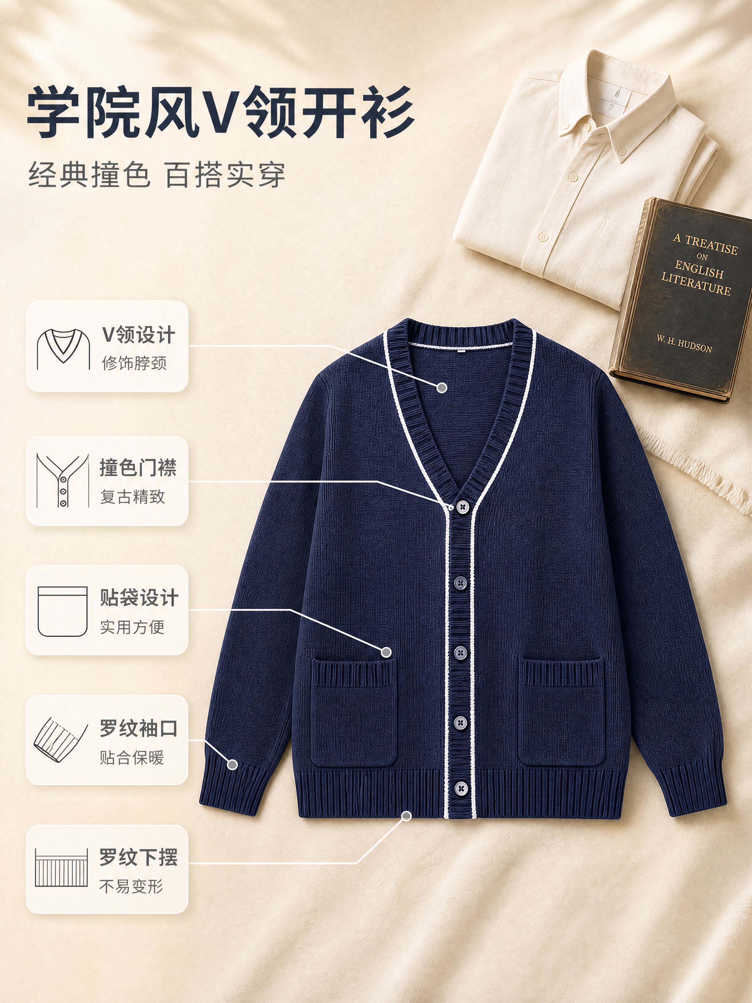 [商品] 使用【图1】藏青色V领针织开衫；商品处理：保留V领、… - 图片创意预览