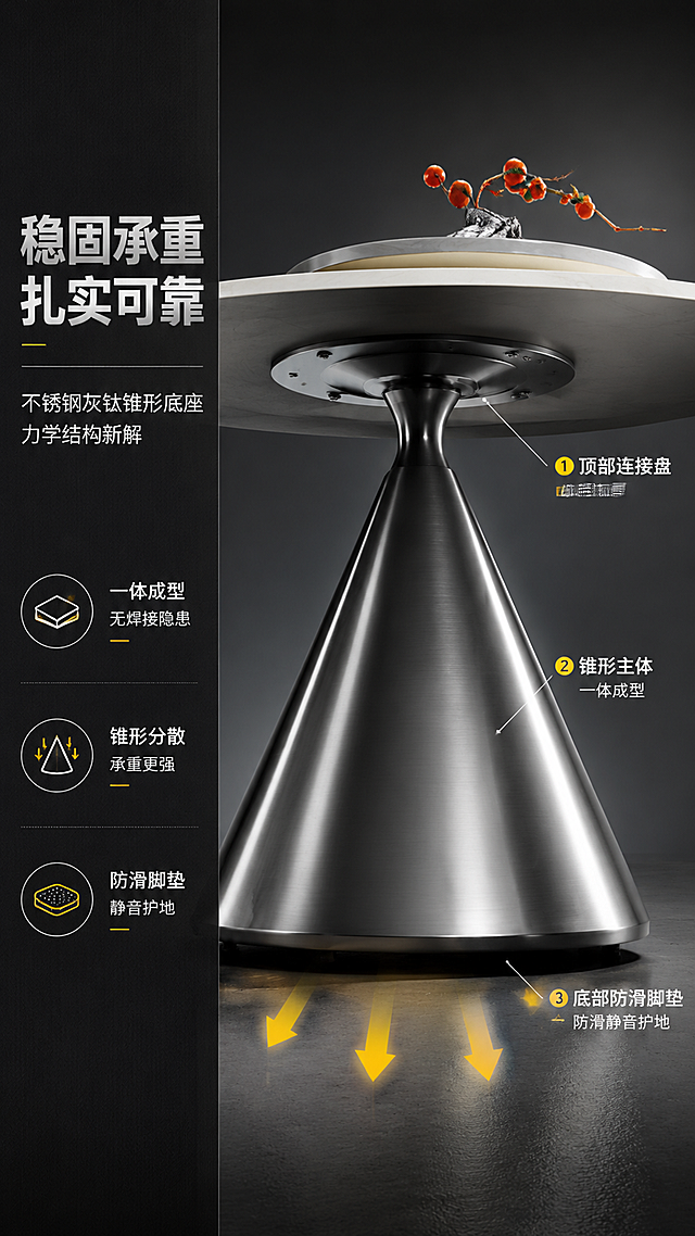 [第4张] 结构承重页-不锈钢灰钛锥形底座稳固结构解析。本张使用【图1】作为产品主体，聚焦底座结构与承重性能。
[氛围/风格] 工业科技风，理性专业，突出结构力学与稳固性，商业摄影质感。
[元素布局] 左右分栏版式：左侧约40%为文案区（深灰底）；右侧约60%为产品底座特写——餐桌微仰视角度，锥形底座为绝对主体，占比约50%；底座旁叠加3个结构标注引线：①顶部连接盘（加粗加厚）②锥形主体（一体成型）③底部防滑脚垫；底座旁可用箭头示意承重分散方向；背景为深灰色渐变，突出金属质感。产品底座结构、锥形比例与输入图一致。
[光影质感] 侧上方硬光打亮底座金属表面高光带，底部有深邃投影，明暗对比强烈，突出锥形立体感与金属质感。
[配色色系] 全局底色 #1F1F1F（近黑灰）；主色 灰钛金属银色；辅助色 深灰背景+白色标注线；点缀色 亮黄色标注数字。
[视角构图] 微仰视，底座居中偏右，阅读动线左侧标题→右侧底座主体→标注引线逐一阅读。
[文字版式] 左侧文案区竖排：主标题「稳固承重 扎实可靠」，副标题「不锈钢灰钛锥形底座 力学结构新解」，下方3条结构卖点「一体成型 无焊接隐患」「锥形分散 承重更强」「防滑脚垫 静音护地」，每条配小图标；右侧底座上有3处白色引线标注对应结构点；文字清晰。
[比例分辨率] 9:16 竖版比例，4K分辨率，文字清晰可辨，高清画质。
[负向提示词] 底座变形，结构错误，颜色偏差，水印，文字错乱，标注模糊，比例失调。