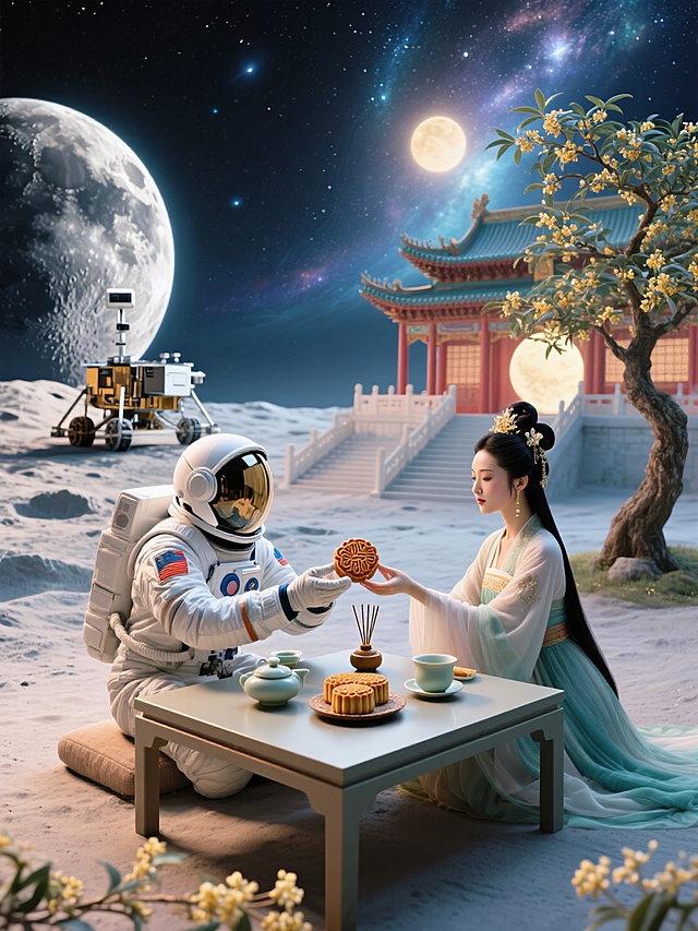 宇航员和嫦娥对坐在方形茶桌拿着同一块月饼，桌上有茶具、月饼、桂花香薰，画面左边一边是（月球表面，停着一个月球探测器），右边是（广寒宫宫殿，宫殿前有一棵桂花树），背景是宇宙星空