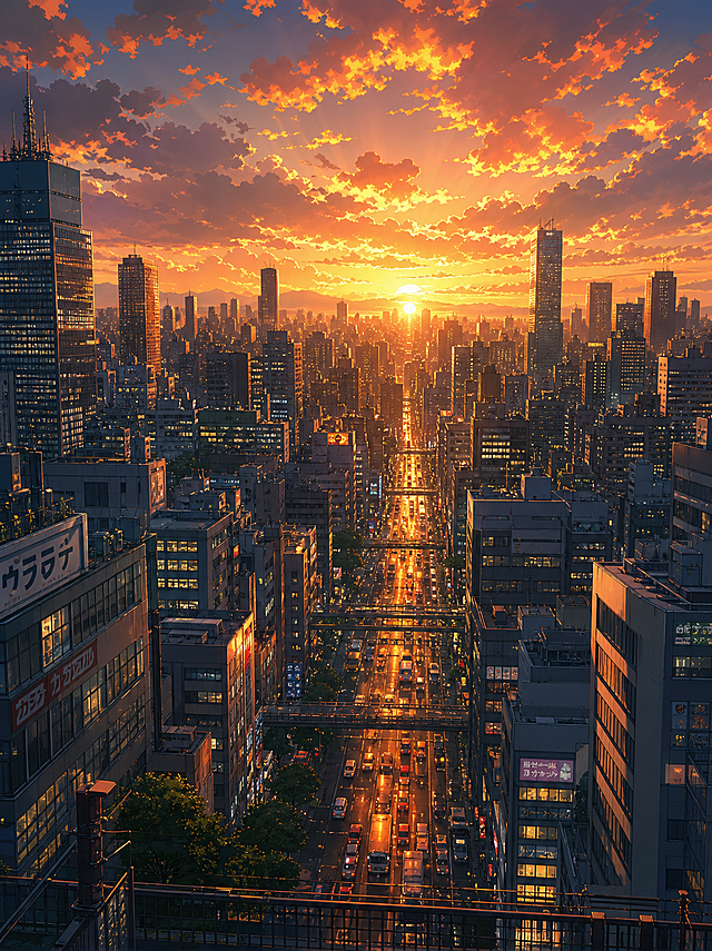 更多类似的动漫风格大城市日落景观，暖金色夕阳穿过摩天大楼之间，反光的街道车水马龙，大片火烧云布满天空，吉卜力动画风格，细腻的建筑细节，氛围感拉满