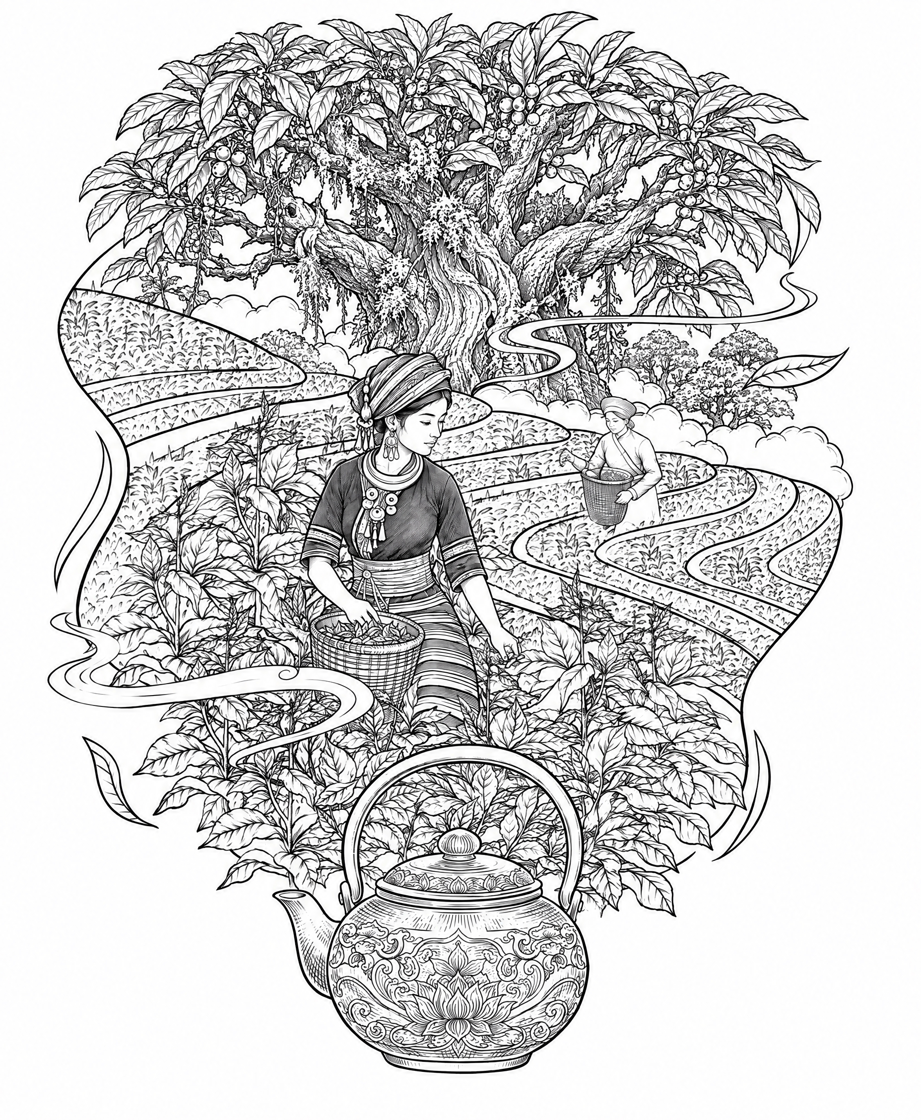保持原图的黑白单色线描/铜版画雕刻质感、整体构图、留白与四周的… - 图片创意预览