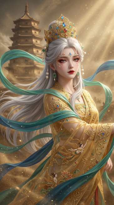 保留人物脸型和银白发色基础，换装为敦煌飞天风格：金色纱丽搭配蓝绿飘带，头戴琉璃金冠，妆容变为西域红妆，飞天花钿点缀眼角，表情变为清冷悲悯，氛围繁华瑰丽，背景是九层佛阁与漫天风沙，9:16比例预览效果