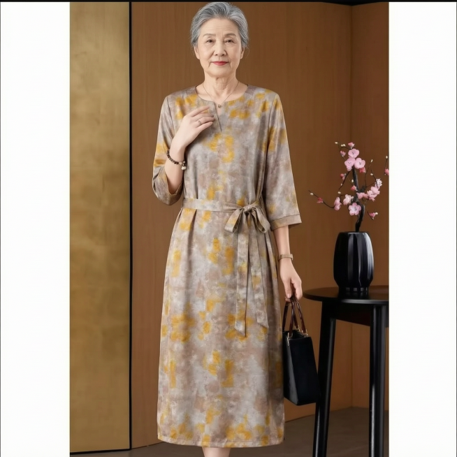 这件连衣裙穿在一个亚洲女性老年人的身上，保留衣服的款式、颜色和图案，整体自然真实，适合电商展示预览效果