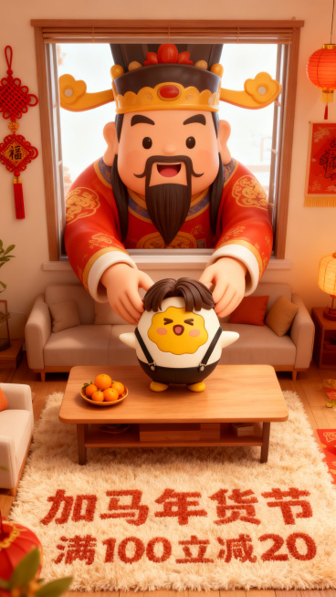 3d卡通风格，客厅景观。Q版巨大灶王爷（形象软萌）从窗户外探身进来，双手把图中主体放在客厅桌上（桌面摆放橘子、果盘），客厅装饰中国结、灯笼元素，暖色调喜庆氛围，画面底部毛绒地毯上绣着“加马年货节”“满预览效果