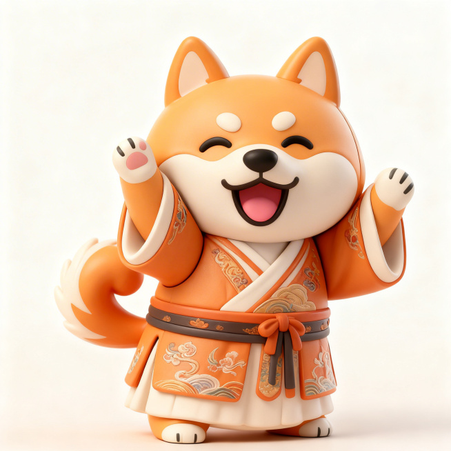将这个柴犬IP改成中国风，保持可爱Q版3D潮玩风格，站立姿势，穿着国风唐装汉服，保留原有橙白配色特征，干净浅色背景预览效果