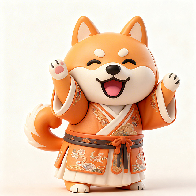 将这个柴犬IP改成中国风，保持可爱Q版3D潮玩风格，站立姿势，穿着国风唐装汉服，保留原有橙白配色特征，干净浅色背景