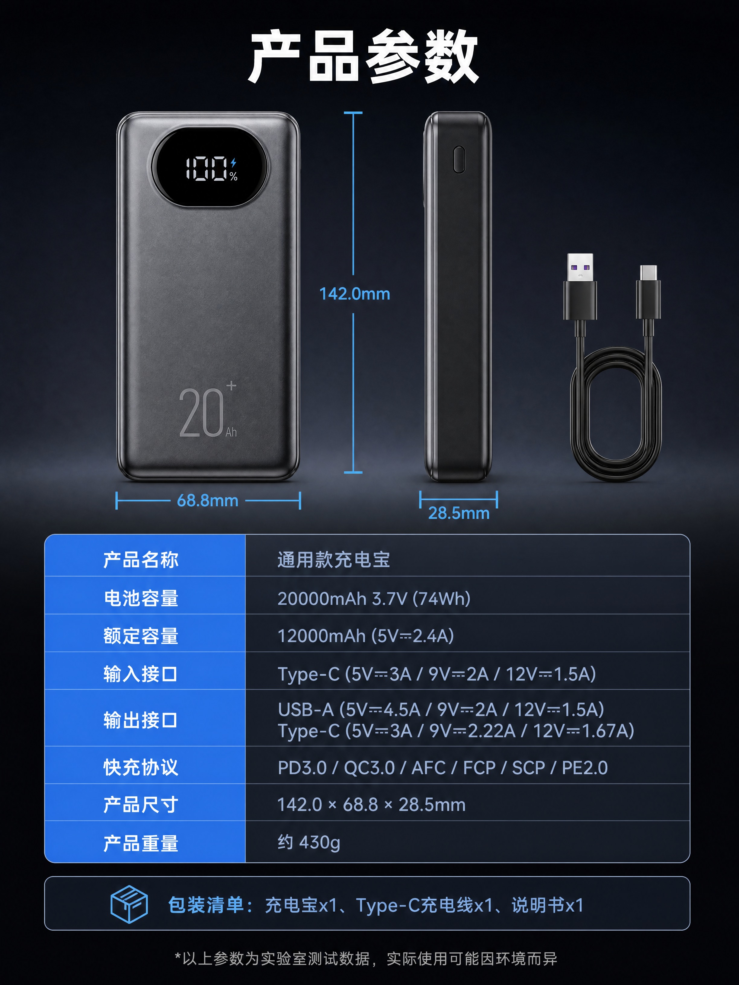[商品] 通用款充电宝，正面+侧面双视角展示，旁边放充电线配件… - 图片创意预览