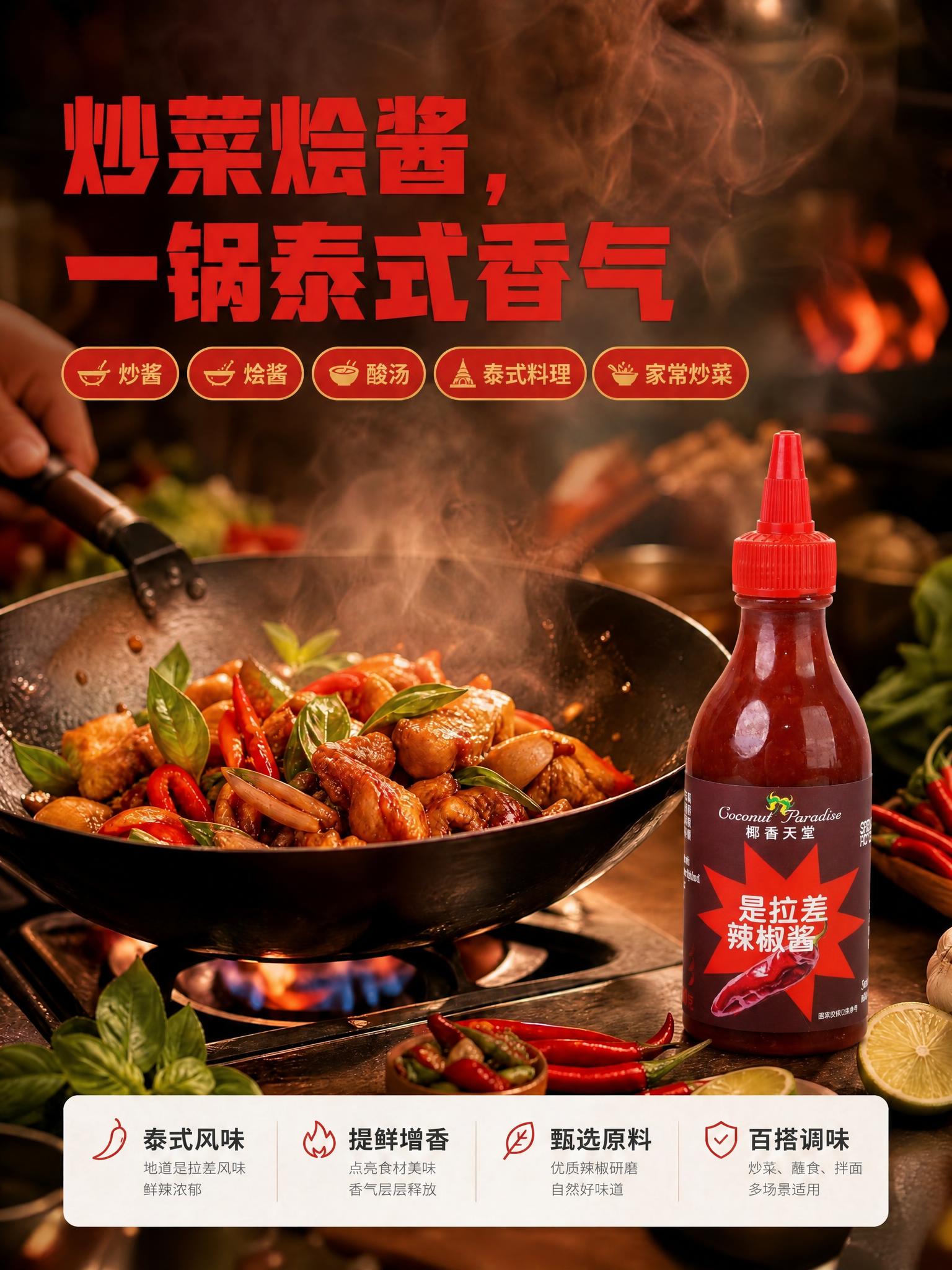 这是一张电商详情图（图1），画面中有一个红色尖嘴盖辣椒酱瓶。请… - 图片创意预览