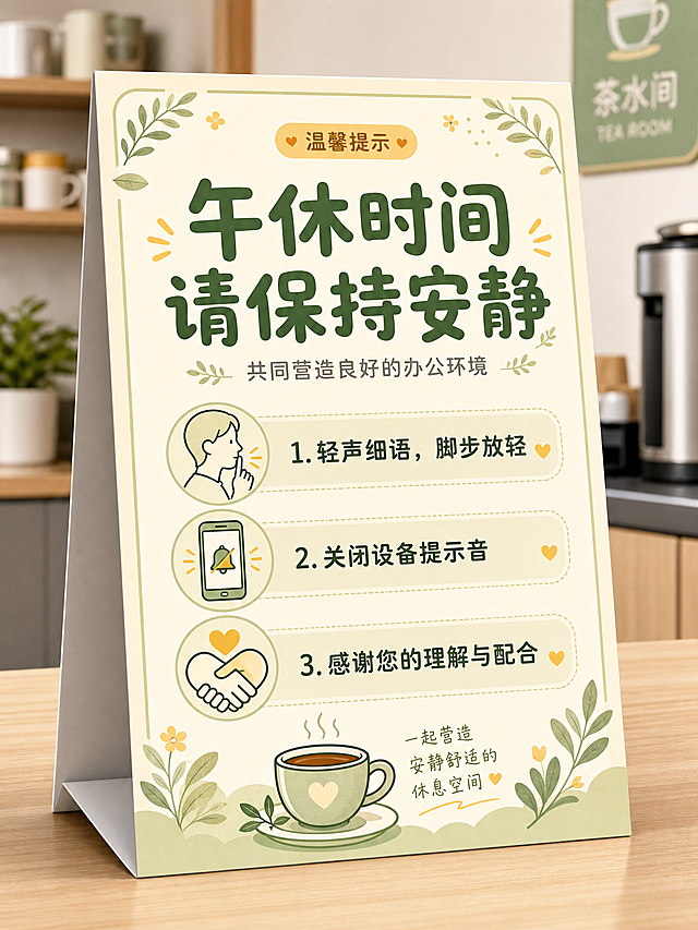 一张V型桌面提示牌海报，竖版3:4比例，放置在茶水间的温馨安静提示。扁平插画风格，整体色调柔和温暖，以浅米色和淡绿色为主色调，搭配柔和的暖黄色点缀。画面顶部有一个小小的"温馨提示"标签。主标题大字居中："午休时间 请保持安静"，字体圆润友好，深绿色。副标题在主标题下方："共同营造良好的办公环境"，灰色小字。中间部分用图标加短句的形式列出三条提示：1. 轻声细语，脚步放轻 2. 关闭设备提示音 3. 感谢您的理解与配合，每条配有简约的线条图标。底部有一个小小的茶水间茶杯插画装饰。整体风格温馨友好，清晰易读，适合办公环境。版式精美，排版规整，四周留有舒适边距，信息层级分明。画面中所有信息区域必须填充完整合理的内容，不得出现空白框或占位区域。