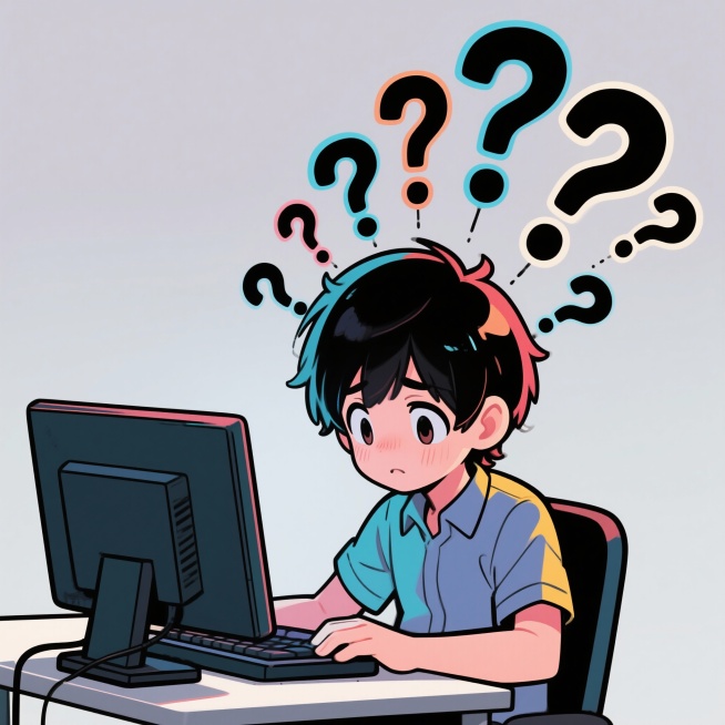 一个对着电脑加班、头冒问号的人物漫画。预览效果