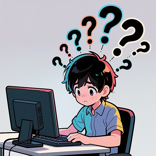 一个对着电脑加班、头冒问号的人物漫画。