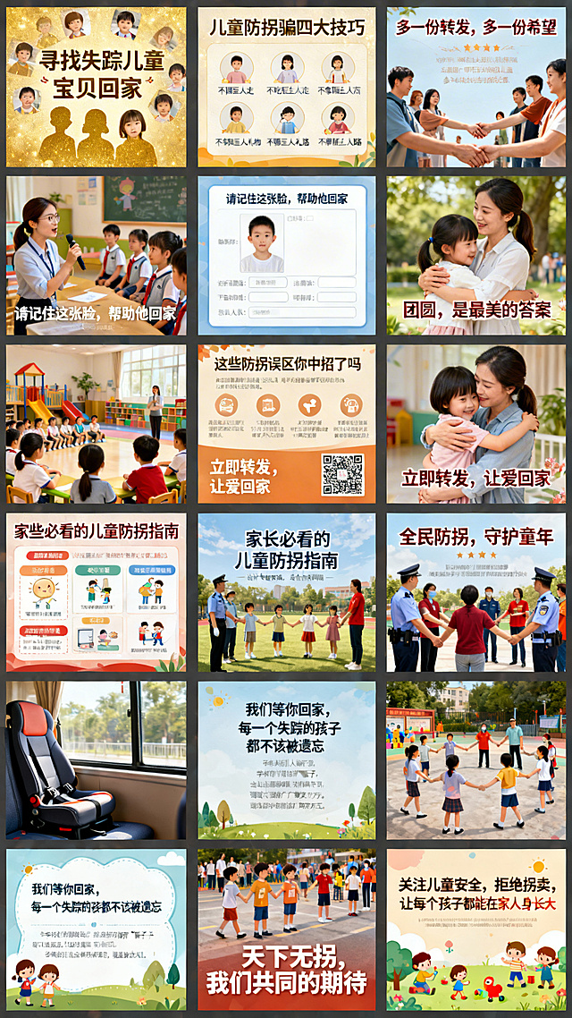 第一张：公益海报，主题为寻找失踪儿童，中心位置写着"宝贝回家"，周围展示孩子的照片轮廓，温暖的金色调，呼吁社会帮忙寻找，充满温情与希望。第二张：防拐知识宣传图，标题"儿童防拐骗四大技巧"，图文并茂展示不跟陌生人走、不吃陌生人东西、不拿陌生人礼物、不帮陌生人带路，清晰明了的科普风格。第三张：公益呼吁海报，醒目标题"多一份转发，多一份希望"，背景是手拉手的人群，呼吁大家共同关注失踪儿童问题，参与防拐公益事业。第四张：失踪儿童信息展示图，设计干净清晰，预留失踪儿童信息区域，配有文字"请记住这张脸，帮助他回家"。第五张：防拐安全教育场景图，幼儿园老师给孩子们讲解防拐知识，孩子们认真听讲，温馨和谐的校园场景，传递安全教育的重要性。第六张：团圆主题海报，被拐孩子成功回家和父母拥抱，感动温馨的画面，文字"团圆，是最美的答案"。第七张：防拐误区科普图，标题"这些防拐误区你中招了吗"，列举常见错误认知，用清晰图文普及正确知识。第八张：公益行动号召图，大大的文字"立即转发，让爱回家"，配上二维码，呼吁大家传播防拐知识，帮助寻找失踪儿童。第九张：家长防拐指南封面图，标题"家长必看的儿童防拐指南"，设计专业权威，适合家长阅读学习。第十张：社会共治主题图，警察、志愿者、普通民众手拉手围成圈保护儿童，文字"全民防拐，守护童年"。第十一张：防拐知识口诀图，清晰排版儿童防拐口诀，朗朗上口，方便记忆，适合儿童学习。第十二张：等待回家主题图，空的儿童座椅对着窗外，文字"我们等你回家，每一个失踪的孩子都不该被遗忘"，引人深思。第十三张：防拐演练场景图，学校开展防拐骗模拟演练，志愿者扮演"骗子"测试孩子，推广这种教育方式。第十四张：公益公益 slogan 图，"天下无拐，我们共同的期待"，简洁有力，温暖配色，视觉冲击力强。第十五张：结束语公益图，"关注儿童安全，拒绝拐卖，让每个孩子都能在家人身边长大"，温暖治愈的儿童玩耍背景。