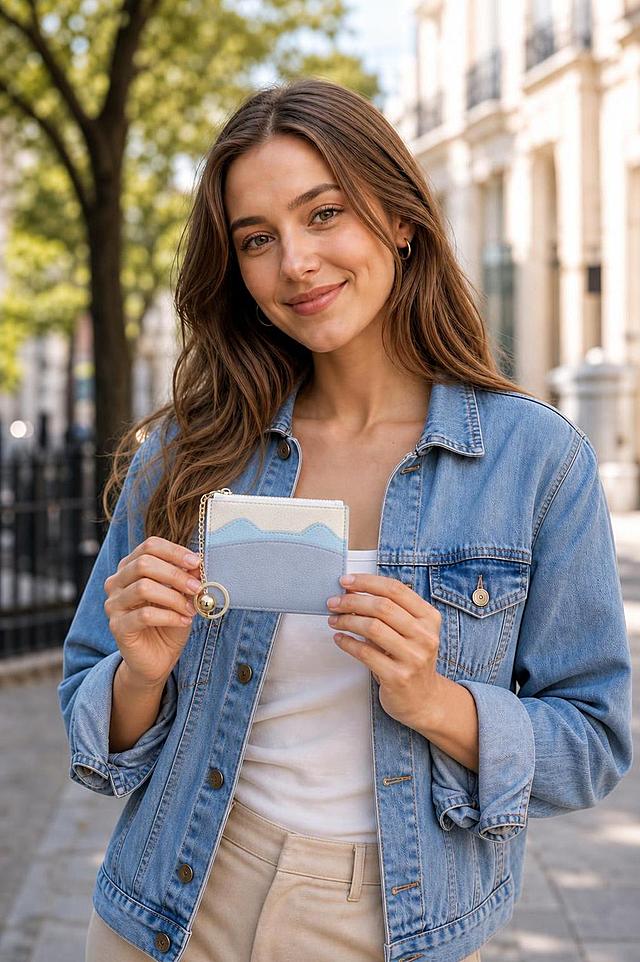 Lifestyle fashion photo. Young European woman with light brown hair, wearing light blue denim jacket over white top and beige trousers, holding light blue beige gray pebbled leather card holder wallet with gold key ring and ball charm in her hands, showing it to camera with a gentle smile. Outdoor natural soft daylight, urban street background with blurred buildings and green trees, casual fashion style, realistic, shallow depth of field, warm tone, Amazon lifestyle photography. Keep wallet product appearance, color scheme (light gray-blue, beige, light blue), gold key ring with ball charm exactly consistent with the 6th input image, correct size proportion in hands. Half body composition, natural relaxed pose. Negative: extra fingers, deformed hands, distorted face, Asian features, watermark, blurry product.