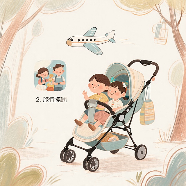 2. travel lightweight stroller with ultra-compact fold and tiny airplane cue, cohesive set of icons, whimsical hand-painted animated storybook style, with watercolor and gouache texture, soft colored pencil shading, slightly irregular sketch outlines, warm nostalgic family-friendly atmosphere, rounded shapes, clear silhouettes, premium parenting brand look, clean light background, highly readable, centered, consistent in angle and stroke, charming, soft, polished