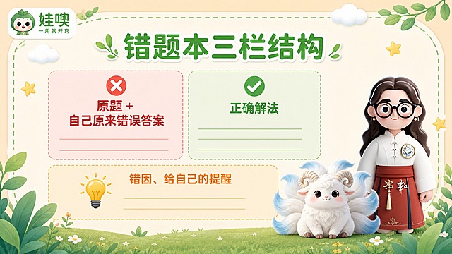 A4横版儿童教育PPT页面，清新杏色和绿色可爱风格，浅杏色背景，绿色叶子装饰，白色云朵，黄色星星点缀，圆角虚线边框。左上角有"娃噢 一用就开窍"品牌logo。页面大标题为"错题本三栏结构"，绿色粗体大字。中间展示错题本三栏结构示意图：上方左右两栏 + 底部一栏。左栏标题"原题 + 自己原来错误答案"（配红色叉号图标），右栏标题"正确解法"（配绿色对勾图标），底部总结栏标题"错因、给自己的提醒"（配灯泡/思考图标）。三栏用不同颜色区分，结构清晰。页面右下角放置穿白色中式盘扣上衣红色裙子戴黑框眼镜棕色长卷发的3D卡通女老师（与参考图1完全一致）和白色九尾羊有螺旋羊角尾巴尖带淡蓝色的毛绒神兽形象（与参考图2完全一致），形象准确不变。底部有绿色草地和叶子装饰。整体风格清新可爱，结构清晰明了，A4横向比例