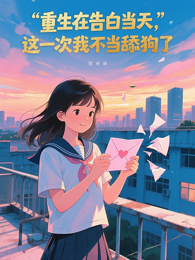 画面明快，色彩鲜艳。一个长相甜美、眼神坚定自信的少女，穿着整洁的高中校服，站在学校天台上，微风轻拂她的长发和衣角。她手中拿着一封未拆封的粉色情书，脸上带着一抹洒脱而略带嘲讽的微笑，正将情书随意地撕成两半，碎片随风飘向远方。背景是傍晚的灿烂晚霞和远处隐约可见的现代都市高楼。画面简洁，聚焦于人物动作和表情，突出少女释然与掌控命运的感觉。正上方用醒目的大号艺术字体，以两行横排的方式呈现小说名："重生在告白当天，这一次我不当舔狗了"，字体颜色为亮金色，带有轻微发光效果，确保在小尺寸封面中清晰可读。