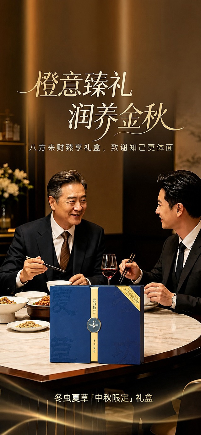 基于这张海报进行修改：1. 将画面中间餐桌上的橙色礼盒产品替换为第二张图中的蓝色元力仙冬虫夏草礼盒，保持礼盒在餐桌上的位置、透视和光影一致；2. 去除海报左上角的东阳光鲜虫草logo和天赐的声音logo，去除右上角的19th专注冬虫夏草19年logo；3. 将底部文字“【冻干鲜虫草50克】”修改为“冬虫夏草「中秋限定」礼盒”；4. 将“轻奢皮质礼盒，致谢知己更体面”中的“轻奢皮质礼盒”修改为“八方来财臻享礼盒”，即整行文字变为“八方来财臻享礼盒，致谢知己更体面”；5. 保持海报整体风格、色调、人物、背景、主标题“橙意臻礼 润养金秋”及其他元素不变，画面自然真实，光影协调。