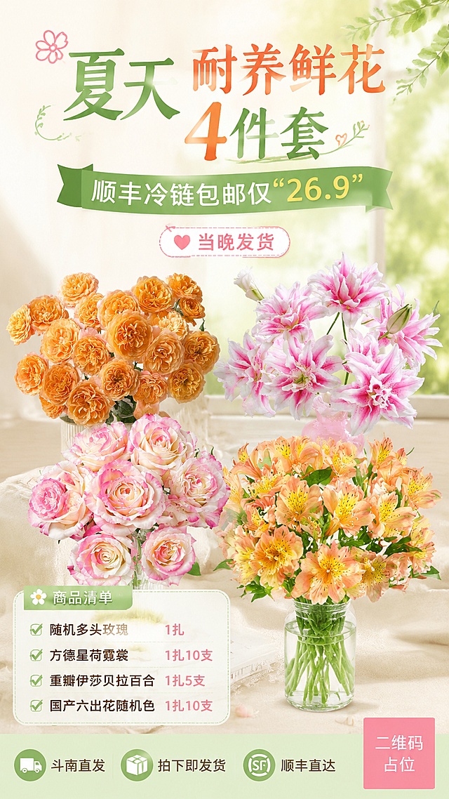 小清新风格鲜花组合销售促销海报，包含以下四种花材：图1随机多头玫瑰、图2伊莎贝拉重瓣百合、图3霓裳玫瑰、图4国产六初花，100%还原每种花材的外形和颜色。画面完整呈现以下文案信息：主标题“夏天耐养鲜花4件套”，副标题“顺丰冷链包邮仅“26.9”，“当晚发货”，商品清单：“随机多头玫瑰1扎”、“方德星荷霓裳1扎10支”、“重瓣伊莎贝拉百合1扎5支”、“国产六出花随机色1扎10支”，服务信息“斗南直发”、“拍下即发货”、“顺丰直达”。画面整体为小清新写实商业摄影风格，浅暖色调，背景干净明亮，分区清晰，主次分明，排版精美，四边留足安全边距，文字清晰可读不遮挡花材。画面中所有二维码区域使用纯色方块占位符呈现，方块中央标注“二维码占位”文字，严禁生成任何可识别的二维码图案。画面中所有数字必须精确渲染，不得错位、遗漏或编造。