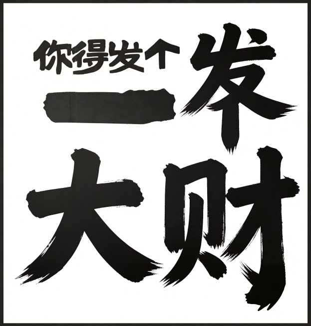 提取图中的黑色文字"你得发个大财"，将背景更换为纯白色，提升文字清晰度，保留原粗毛笔书法风格，文字完整清晰，四周留有安全边距，背景纯净无任何装饰预览效果