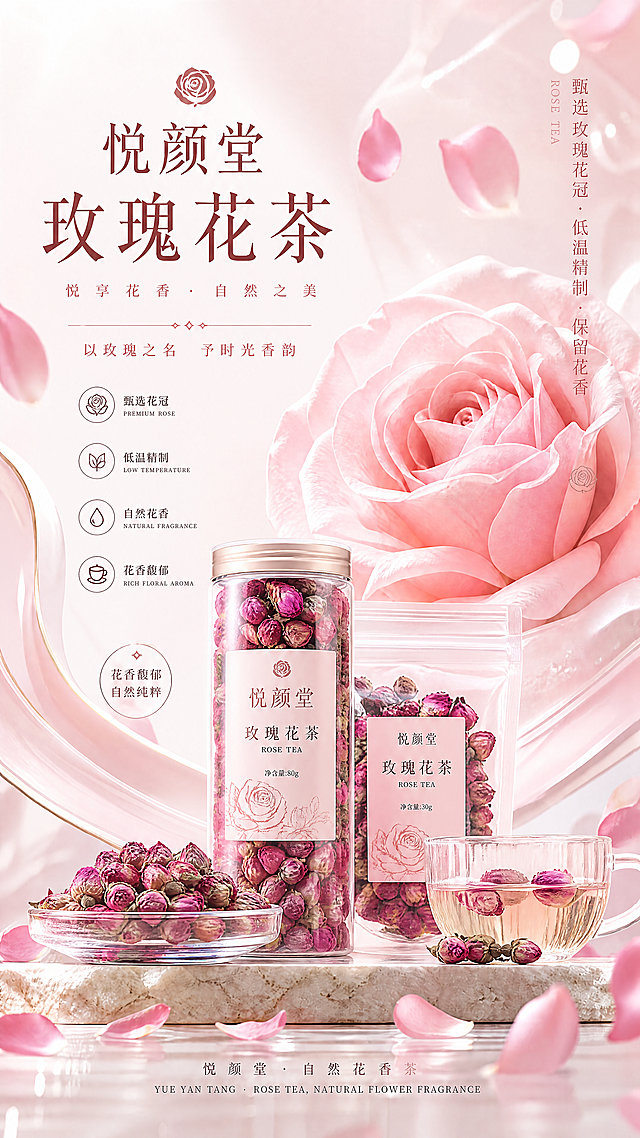 修改这张图片为悦颜堂玫瑰花茶海报，保留点线面的视觉构图和粉色雅致风格，将护肤产品替换为玫瑰干花茶，突出茶叶产品，保留"悦颜堂"品牌标题