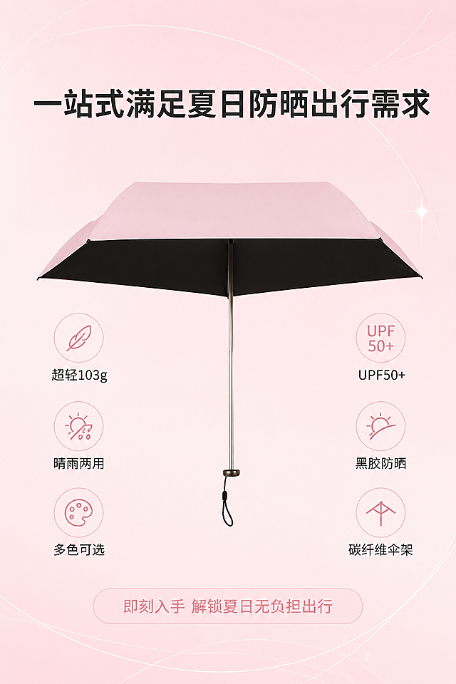 严格还原上传的超轻防晒迷你铅笔伞产品图，包括包装设计、颜色、LOGO位置、文字内容、图案元素等所有细节，产品尺寸为小巧迷你铅笔伞款式，尺寸比例保持1:1；整体延续马卡龙清新风，背景为淡粉色（#F8D7E0）渐变，搭配简约白色线条，视觉柔和高级；画面主体为产品全景（居中，展开状态），周围用简洁无衬线文字标注核心卖点（超轻103g、UPF50+、晴雨两用、黑胶防晒、多色可选），文字排列整齐，大小一致，底部添加简约引导文案（"即刻入手 解锁夏日无负担出行"）；主标题采用无衬线极简文字，居中对齐，内容为"一站式满足夏日防晒出行需求"，字体醒目，略大于卖点文字；信息布局：产品全景居中，核心卖点围绕产品排列，引导文案位于画面底部，标题位于画面上方；整体色调统一，排版简洁高级，卖点清晰明了，无多余杂乱元素，引导文案温和不突兀，与整体视觉风格统一，起到收尾转化作用。