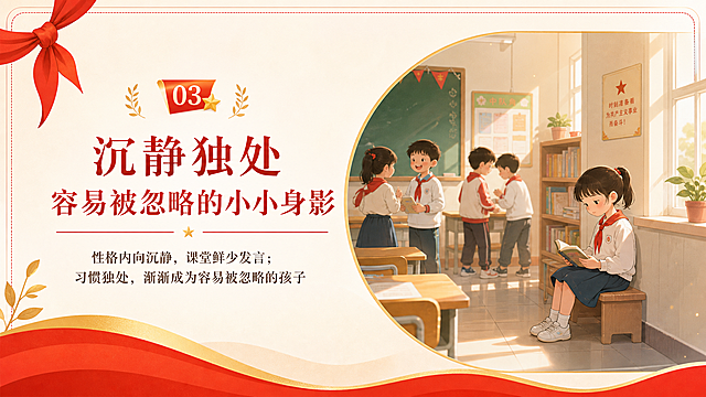 少先队宣讲PPT内页第三页，标题：沉静独处 容易被忽略的小小身影，正文：性格内向沉静，课堂鲜少发言；习惯独处，渐渐成为容易被忽略的孩子，配图为教室课间日常场景插画，氛围安静柔和，边角用小巧红领巾纹样点缀，红金主色调清新雅致，贴合青年女教师温婉气质，图文配比舒适，宽屏16:9PPT排版
