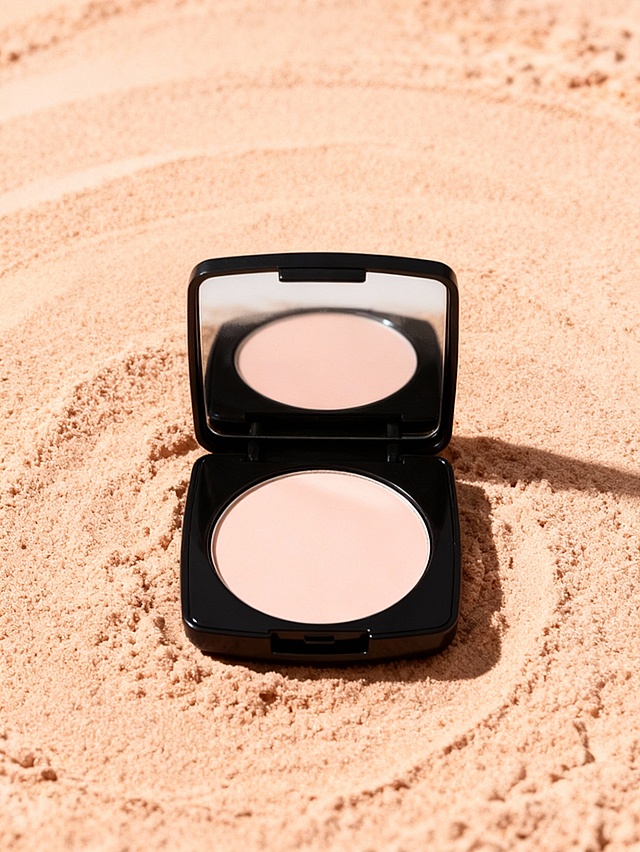 保持画面风格和氛围与物品一致，将主体回正展示正面视角，背景为细腻粉末平铺画面，自然柔和光影