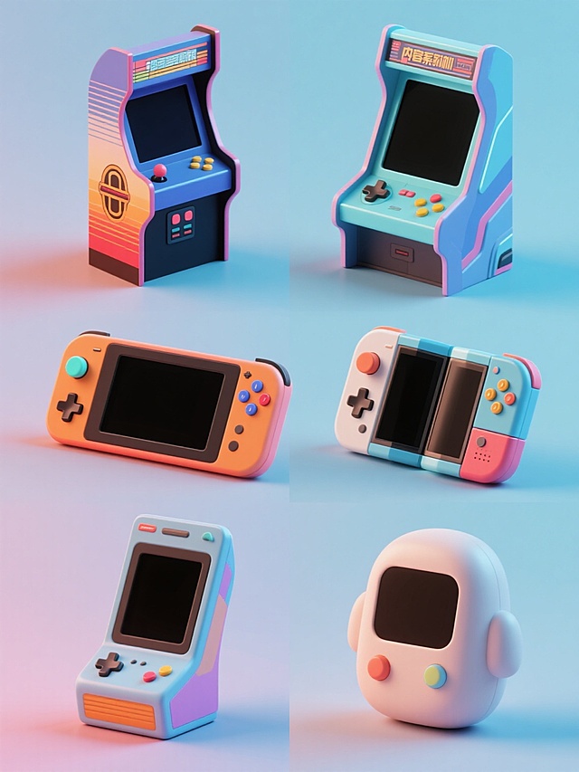 六个不同造型的游戏机元素内容系列素材集合，保持3D写实风格、光滑塑料材质、精准光影投射、黑色屏幕搭配渐变色背景的视觉特征，采用规整的网格排布在纯色背景上，游戏机整体色彩变换为六个不同的高饱和色调组合，每个游戏机保留手柄、按键、屏幕等核心元素但造型各具特色，包括复古街机造型、未来感掌机造型、折叠双屏造型、模块化拼接造型、极简扁平造型和圆润可爱造型，整体设计具有清晰的视觉层级和高效的信息传达，适合游戏产品宣传使用。